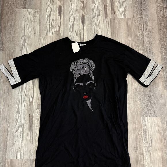 WHY Dress Black Rhinestone Graphic Face Tee Shirt Women’s XL Glam Sparkle - Picture 3 of 11